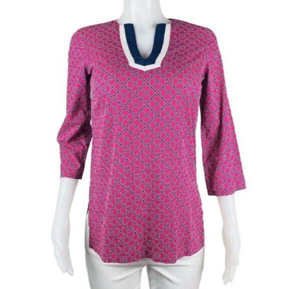 F. Brooks Brothers Tunic Size XS Multicolor Pink Top 3/4 Sleeve Blouse V Neck